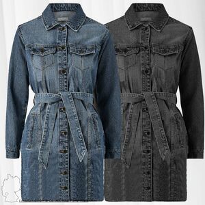 Damen JDY Jeans Kleid Langarm Bluse Rock JDYSANSA LIFE Casual Midi Denim Dress Coat Design mit Grtel