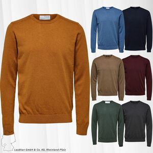 Herren SELECTED Rundhals Pullover Einfarbiges Feinstrick Langarm Shirt SLHBERG Baumwolle Sweater