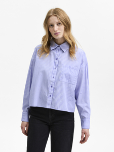Damen SELECTED Kurze Basic Hemd Bluse Langarm Business Shirt aus Baumwolle Cropped Regular Fit SLFREKA