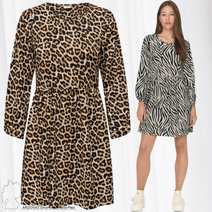 JDY Damen Mini Blusen Kleid 7/8 Langarm Dress Oberschenkellang Animal Leoparden Zebra Print JDYLOTUS