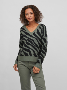 VILA Damen Kuscheliger Strickpullover Jacquard Zebra Animal Muster V-Neck Basic Sweater VIRIL FEAMI