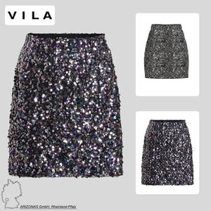 VILA Glitzer Mini Bleistift Rock High Waist Stretch Pailletten Sequins Skirt Party Abend Mode VIMANA