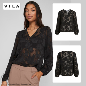 VILA Transparente Bluse Jacquard Muster Langarm Shirt Elegante V-Ausschnitt Blouse VISIRID