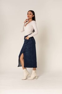 Damen Langer Jeansrock mit Schlitz Stretch Denim Midi Rock Elegant 5-Pocket Long Skirt