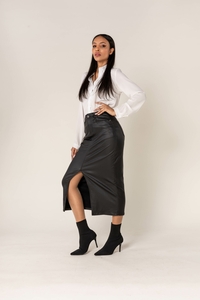 Damen Langer Kunstleder Rock Coated Denim Midi Rock mit Schlitz Elegant Stretch Skirt Beschichtet