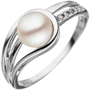 Damen Ring 585 Weigold 1 Perle 5 Diamanten (Gre: 58)