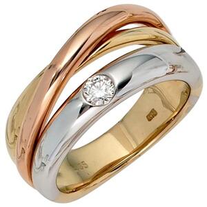 Damen Ring 585 Gold dreifarbig tricolor 1 Diamant Brillant 0,15ct (Gre: 58)