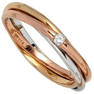 Damen Ring verschlungen 585 Gold tricolor dreifarbig 1 Diamant  0,06ct. (Gre: 58)