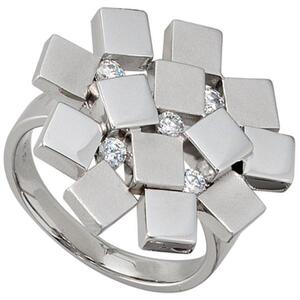 Damen Ring 925 Sterling Silber rhodiniert mattiert 5 Zirkonia 22,9 mm breit (Gre: 50)