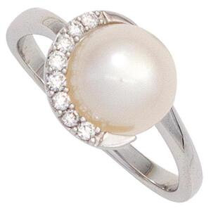 Damen Ring 585 Weigold mit 1 Perle 8 Diamanten (Gre: 52)