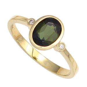 Damen Ring 585 Gold Gelbgold, 1 Turmalin grn 2 Diamanten 0,02ct. (Gre: 50)