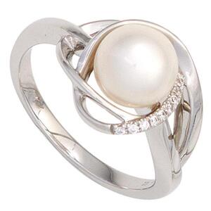 Damen Ring 585 Weigold, 1 Perle 9 Diamanten (Gre: 60)