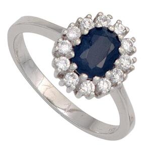 Damen Ring 925 Sterling Silber rhodiniert 1 Safir blau 12 Zirkonia (Gre: 60)