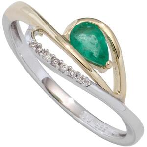 Damen Ring 585 Weigold Gelbgold bicolor Smaragd grn 7 Diamanten (Gre: 60)