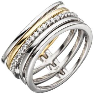 Damen Ring mehrreihig breit 925 Silber bicolor mit Zirkonia (Gre: 60)