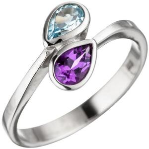Damen Ring 925 Sterling Silber 1 Amethyst lila violett 1 Blautopas blau (Gre: 58)