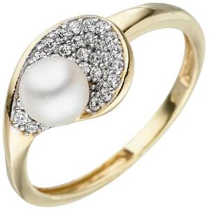 Damen Ring 375 Gold Gelbgold 1 Perle 36 Zirkonia (Gre: 50)