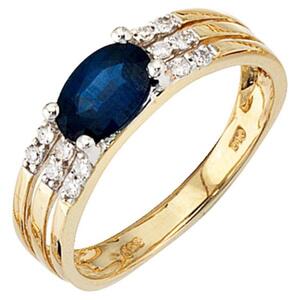 Damen Ring 585 Gold Gelbgold 1 blauer Safir 12 Diamanten Safirring (Gre: 54)