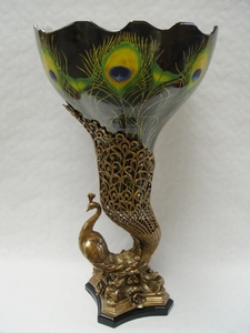 Casa Padrino Barock Porzellan / Messing Vase in Pfau Design - H. 69.5 cm - Luxus Vase