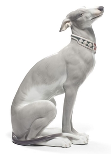 Casa Padrino Luxus Porzellan Skulptur Windhund Grau / Wei 11 x H. 30 cm - Handgefertigte & Handbemalte Luxus Deko Figur