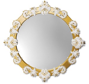 Casa Padrino Designer Wandspiegel Gold / Wei  124 cm - Luxus Spiegel mit handgefertigter Porzellan Deko aus feinstem Spanischen Porzellan