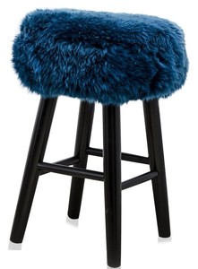 Casa Padrino Luxus Sitzhocker Blau / Schwarz  40 x H. 57 cm - Hocker mit Schafsfell