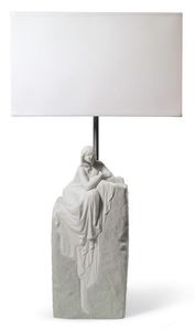 Casa Padrino Luxus Tischleuchte Grau / Wei 30 x 20 x H. 57 cm - Designer Tischlampe mit hangefertigter Porzellan Skulptur einer meditierender Frau Mod1