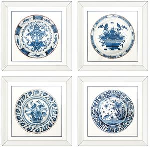 Casa Padrino Bilder / Kunstdruck 4er Set Antike Chinesische Porzellan Teller Wei / Blau 80 x H. 80 cm - Luxus Wanddekoration