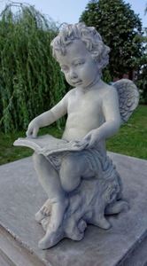 Casa Padrino Jugendstil Skulptur Engel mit Buch Grau 18 x H. 40 cm - Garten Deko Figur