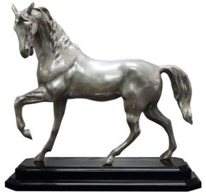 Casa Padrino Luxus Bronzefigur Pferd mit Holzsockel Silber / Schwarz 42 x 17 x H. 40 cm - Versilberte Deko Figur 