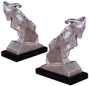 Casa Padrino Luxus Buchsttzen Set Widder Silber / Schwarz 17 x 8 x H. 20 cm - Versilberte Deko Bronzefiguren mit Mahagoni Holzsockel