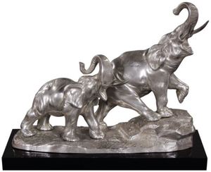 Casa Padrino Bronze Elefanten auf Holzsockel Silber / Schwarz 42 x 17 x H. 33 cm - Luxus Deko Bronzefiguren