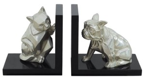 Casa Padrino Luxus Buchsttzen Set Katze & Hund Silber / Schwarz 18 x 18 x H. 10 cm - Deko Bronzefiguren mit Holzsockel
