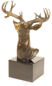 Casa Padrino Luxus Hirschkopf Bronzefigur Bronze / Gold / Grau H. 50 cm - Elegante Dekofigur mit Marmorsockel 