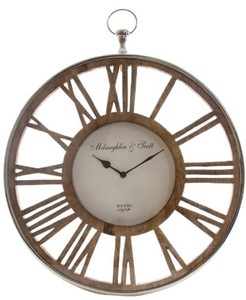 Casa Padrino Luxus Wanduhr im Design einer antiken Taschenuhr Silber / Naturfarben  50 cm - Dekorative runde Uhr mit einem Ziffernblatt aus unbehandeltem Holz