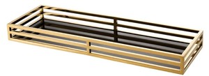 Casa Padrino Luxus Serviertablett Gold / Schwarz 60 x 20 x H. 5,5 cm - Edelstahl Tablett mit schwarzem Spiegelglas