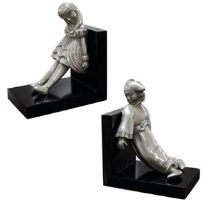 Casa Padrino Luxus Buchsttzen Set Mdchen & Clown Silber / Schwarz 14 x 10 x H. 17 cm - Versilberte Deko Bronzefiguren mit Holzsockel
