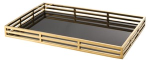 Casa Padrino Luxus Serviertablett Gold / Schwarz 56 x 36 x H. 5 cm - Edelstahl Tablett mit schwarzem Spiegelglas