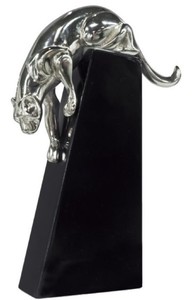 Casa Padrino Luxus Bronzefigur Panther Silber / Schwarz 17 x 6 x H. 28 cm - Elegante Dekofigur auf Holzsockel