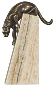 Casa Padrino Luxus Bronzefigur Panther Bronze / Beige 17 x 6 x H. 28 cm - Elegante Dekofigur auf Natursteinsockel