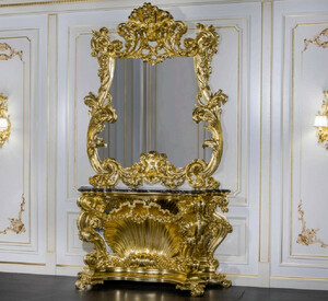 Casa Padrino Luxus Barock Mbel Set Konsole mit Spiegel Gold / Schwarz - Prunkvoller handgeschnitzter Konsolentisch mit Wandspiegel - Hotel Restaurant Schloss Mbel - Luxus Qualitt - Made in Italy