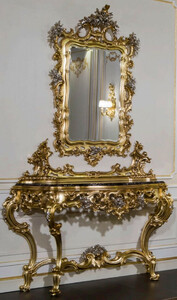 Casa Padrino Luxus Barock Mbel Set Konsole mit Spiegel Gold / Silber / Schwarz - Prunkvoller handgeschnitzter Konsolentisch mit Wandspiegel - Hotel Mbel - Schloss Mbel - Luxus Qualitt - Made in Italy