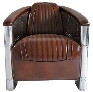Casa Padrino Luxus Art Deco Echtleder Sessel Dunkelbraun / Silber 90 x 72 x H. 68 cm - Aluminium Sessel mit hochwertigem Leder - Lounge Sessel - Aluminium Flugzeug Flieger Sessel Mbel