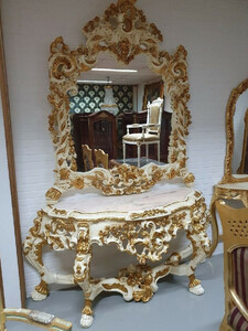 Casa Padrino Luxus Barock Spiegelkonsole Creme / Gold - Prunkvoller Massivholz Konsolentisch mit Marmorplatte und Wandspiegel - Barock Mbel
