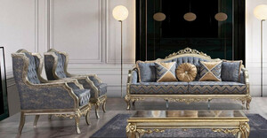 Casa Padrino Luxus Barock Wohnzimmer Set Blau / Silber / Gold - 2 Barock Sofas mit Muster & 2 Barock Sessel mit Muster & 1 Barock Couchtisch - Barock Wohnzimmer Mbel