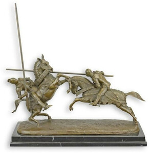 Casa Padrino Luxus Bronze Deko Skulptur 2 Ritter mit Pferd und Lanze 49 x 16,5 x H. 31 cm - Bronze Skulptur mit Marmorsockel - Bronze Figur - Dekofigur - Wohnzimmer Deko - Luxus Deko Accessoires