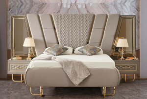 Casa Padrino Luxus Art Deco Schlafzimmer Set Grau / Gold - 1 Doppelbett mit Kopfteil & 2 Nachtkommoden - Art Deco Schlafzimmer Mbel - Luxus Schlafzimmer Mbel - Luxus Einrichtung