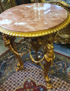 Casa Padrino Luxus Barock Beistelltisch Gold / Beige / Braun - Prunkvoller runder Bronze Tisch mit Marmorplatte - Luxus Mbel im Barockstil - Barockstil Wohnzimmer Mbel - Barock Mbel