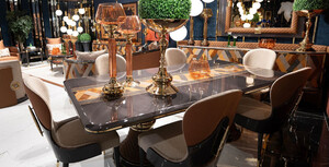 Casa Padrino Luxus Art Deco Esszimmer Set Creme / Grau / Mehrfarbig / Braun / Gold - 1 Luxus Art Deco Esstisch & 6 Luxus Art Deco Esszimmersthle - Luxus Art Deco Esszimmer Mbel