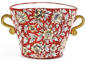 Casa Padrino Luxus Keramik Blumentopf mit 2 Tragegriffen Rot / Mehrfarbig  27 x H. 20 cm - Handgefertigter & handbemalter Keramik Pflanzentopf - Luxus Qualitt - Made in Italy